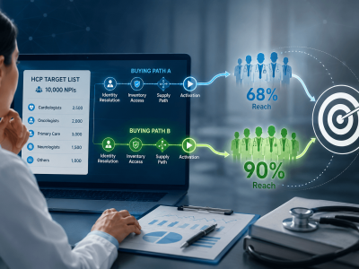 Healthcare media planner comparing buying paths and HCP audience reach across a targeted physician list.