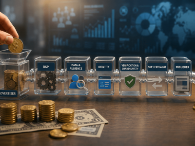 Programmatic advertising supply chain showing an advertiser’s media dollar moving through DSP, audience data, identity, verification, ad exchange, and publisher layers.