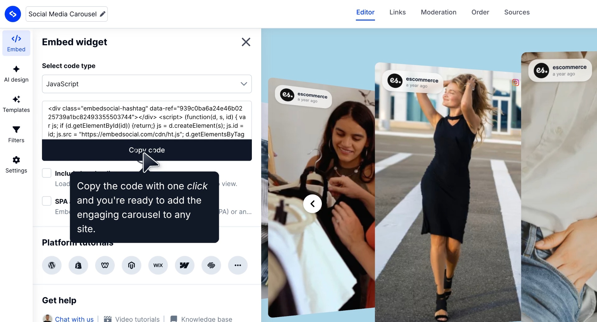 Embed the Instagram widget code on your website