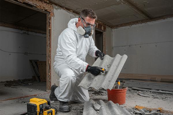 Worker removing asbestos in a building