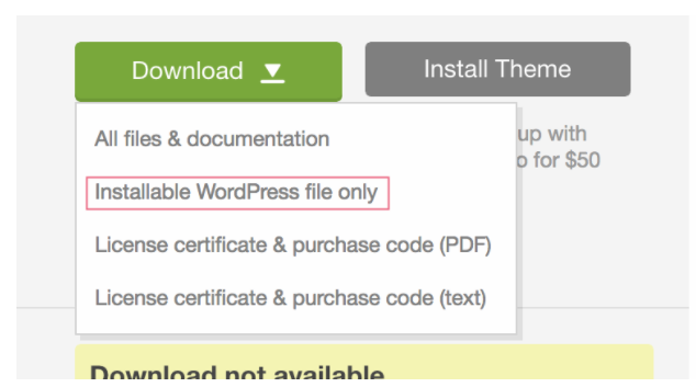 Themeforest/Envato's "Download" options expanded with a box drawn around the "Installable WordPress file only" option.