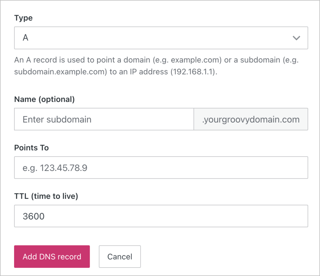 Adição de um registro A ao domínio. O botão "Adicionar registro DNS" aparece em rosa.