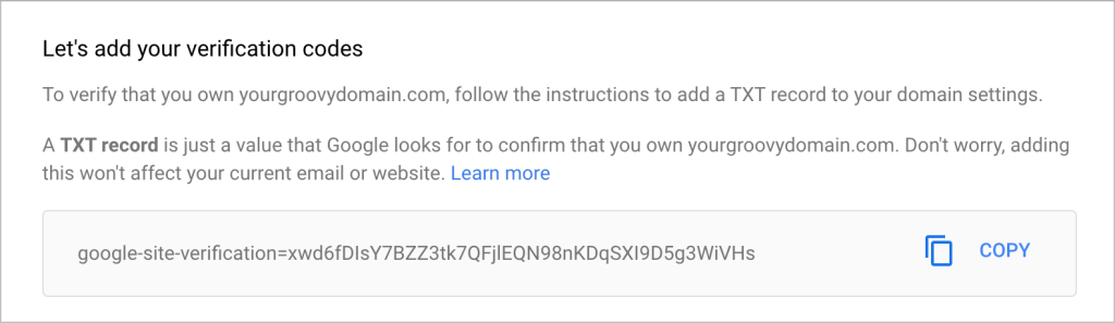 Registro TXT de verificação do Google Workspace.