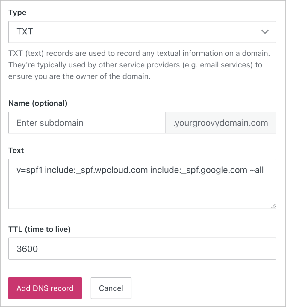 Adição do registro TXT SPF do Google Workspace.