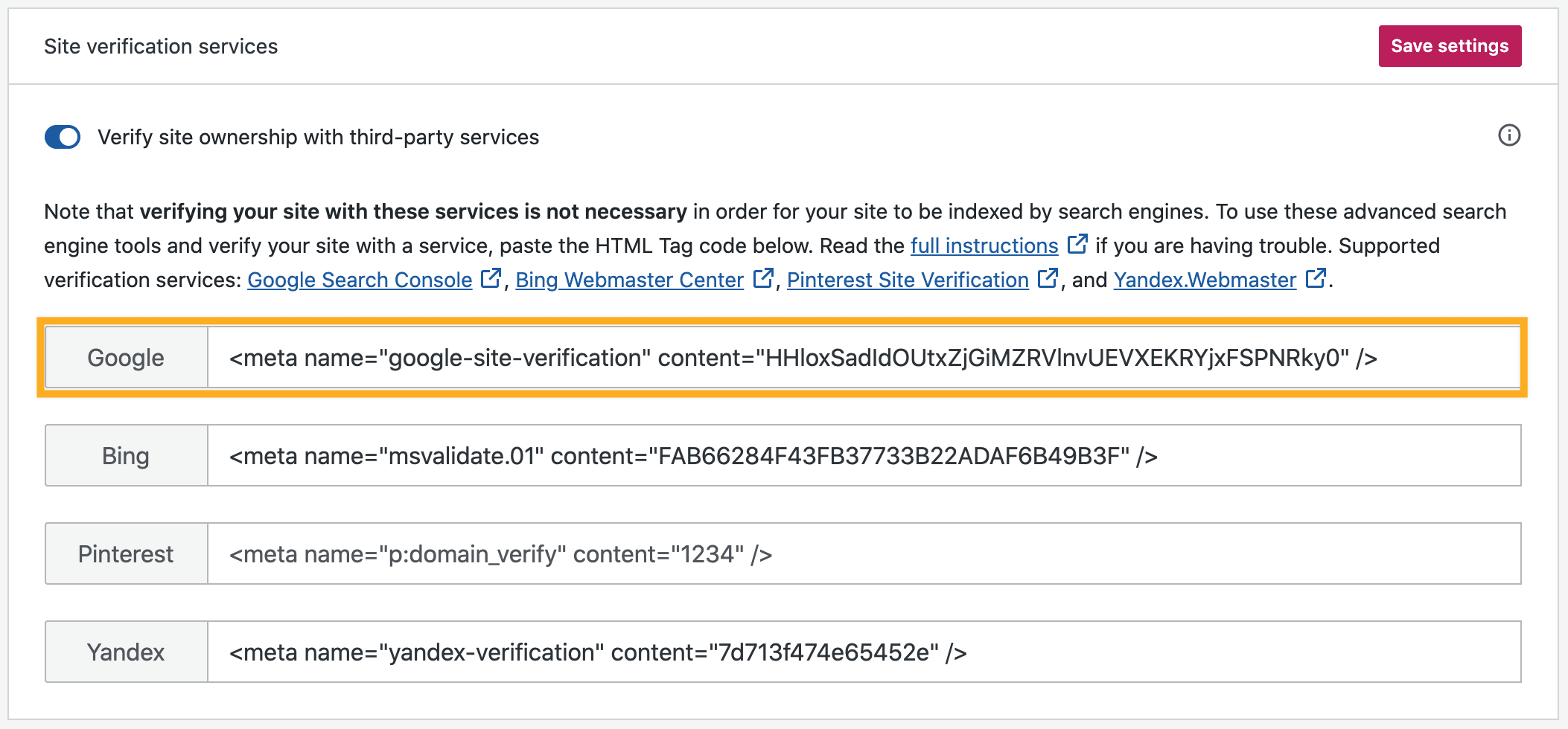 the Site verification services section of Marketing in WordPress.com with a box drawn around the Google section.