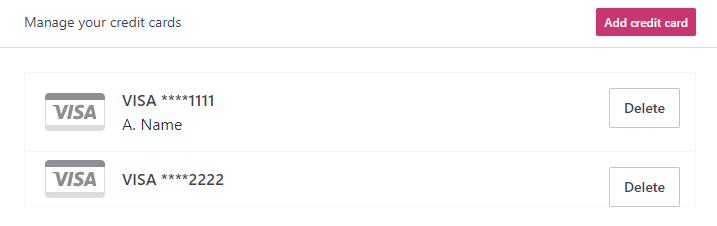 Two credit cards are shown, with delete buttons next to each one.