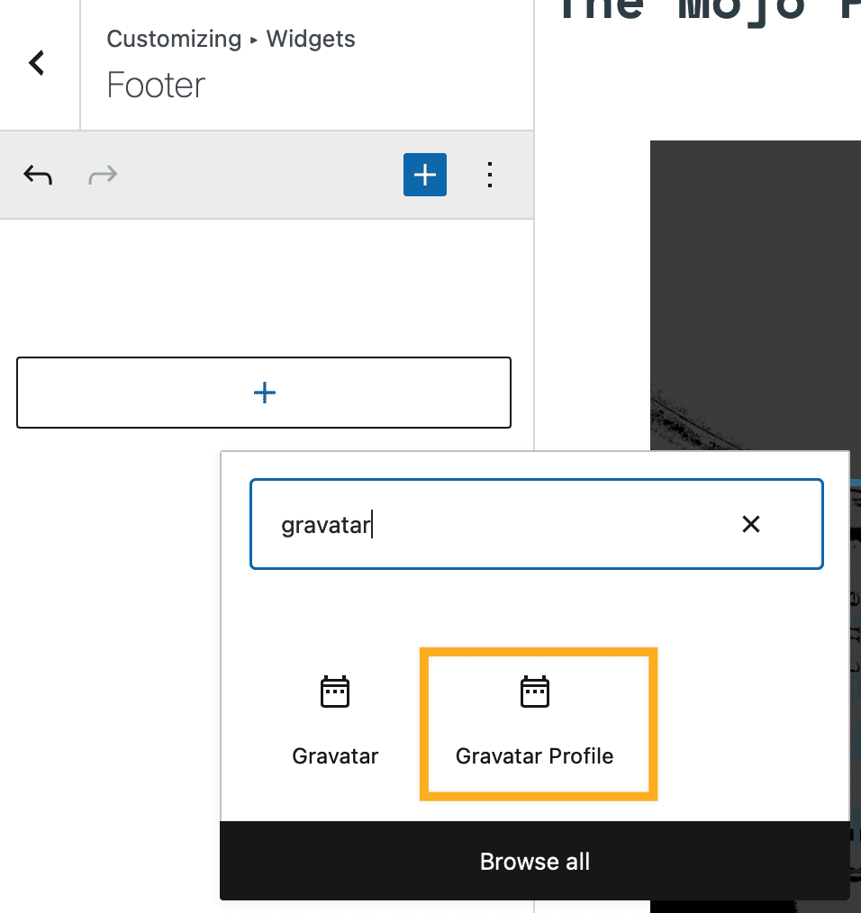 Block selector activated with a box around the Gravatar Profile icon