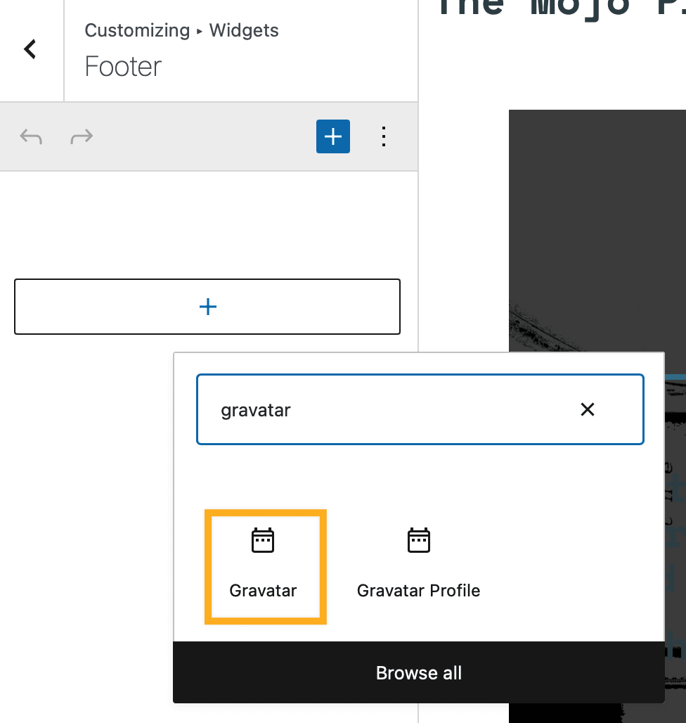 Block selector activated with a box around the Gravatar icon