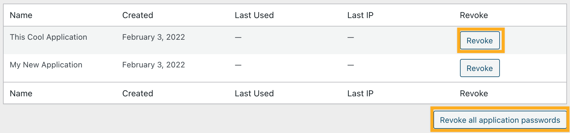 A list of applications with buttons to Revoke access.