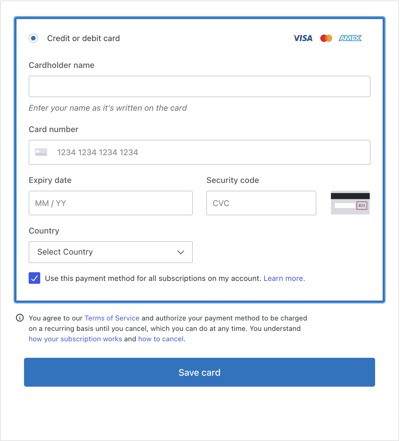A credit card form is shown.