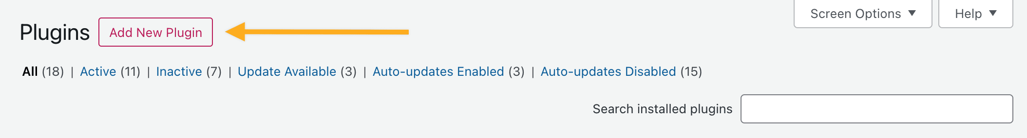 Screenshot with a zoom in on the "Add New Plugin" button in WP Admin.