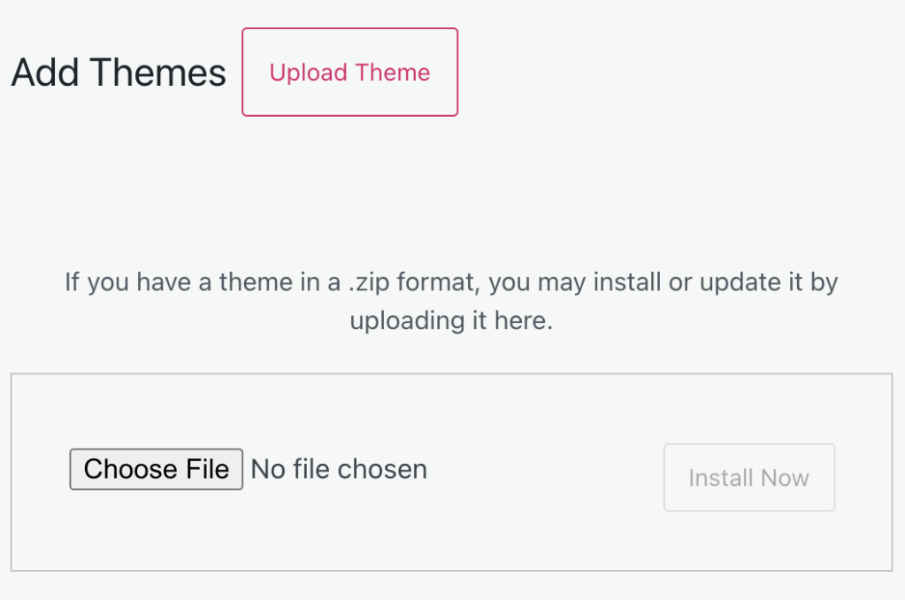 The Upload Theme button has been clicked, and a Choose File option appears.