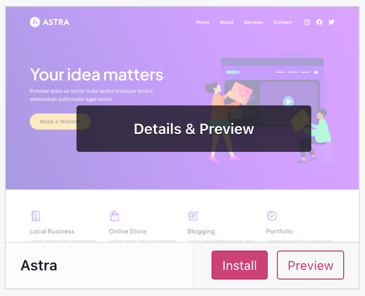 The Astra theme, with an Install button that appears on hover.