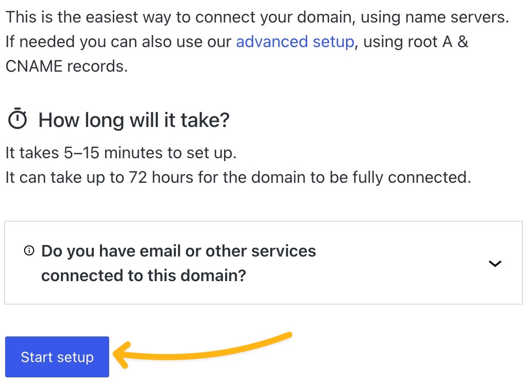 An arrow pointing to the "Start setup" button at the bottom of the automatic setup screen.