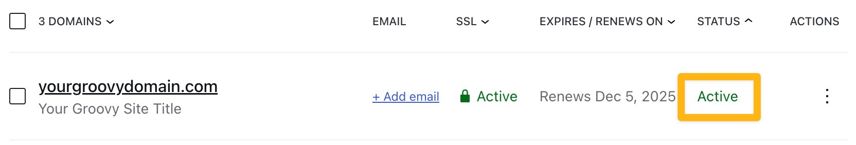 A domain in the Domains management page with a box drawn around the status.