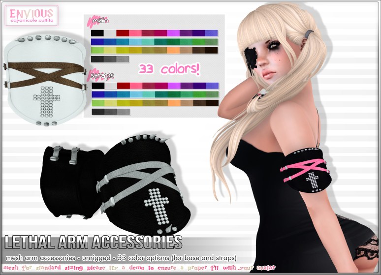 New Release! Lethal Arm Accessories - 200L Features arm accessories with 33 Colors installed! https://marketplace.secondlife.com/p/Envious-Lethal-Arm-Accessories/7714077