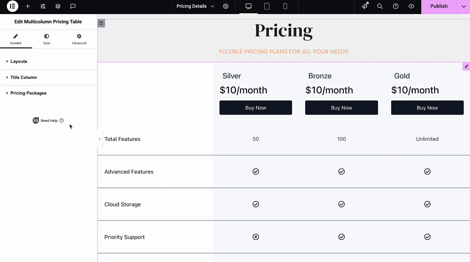 EA Multicolumn Pricing Table 5 ea multicolumn pricing table