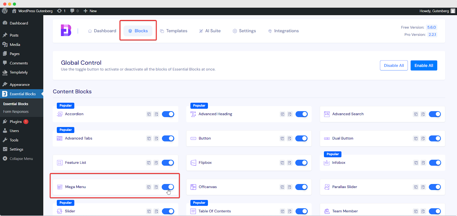 EB Mega Menu 1 Activate EB mega menu in Gutenberg