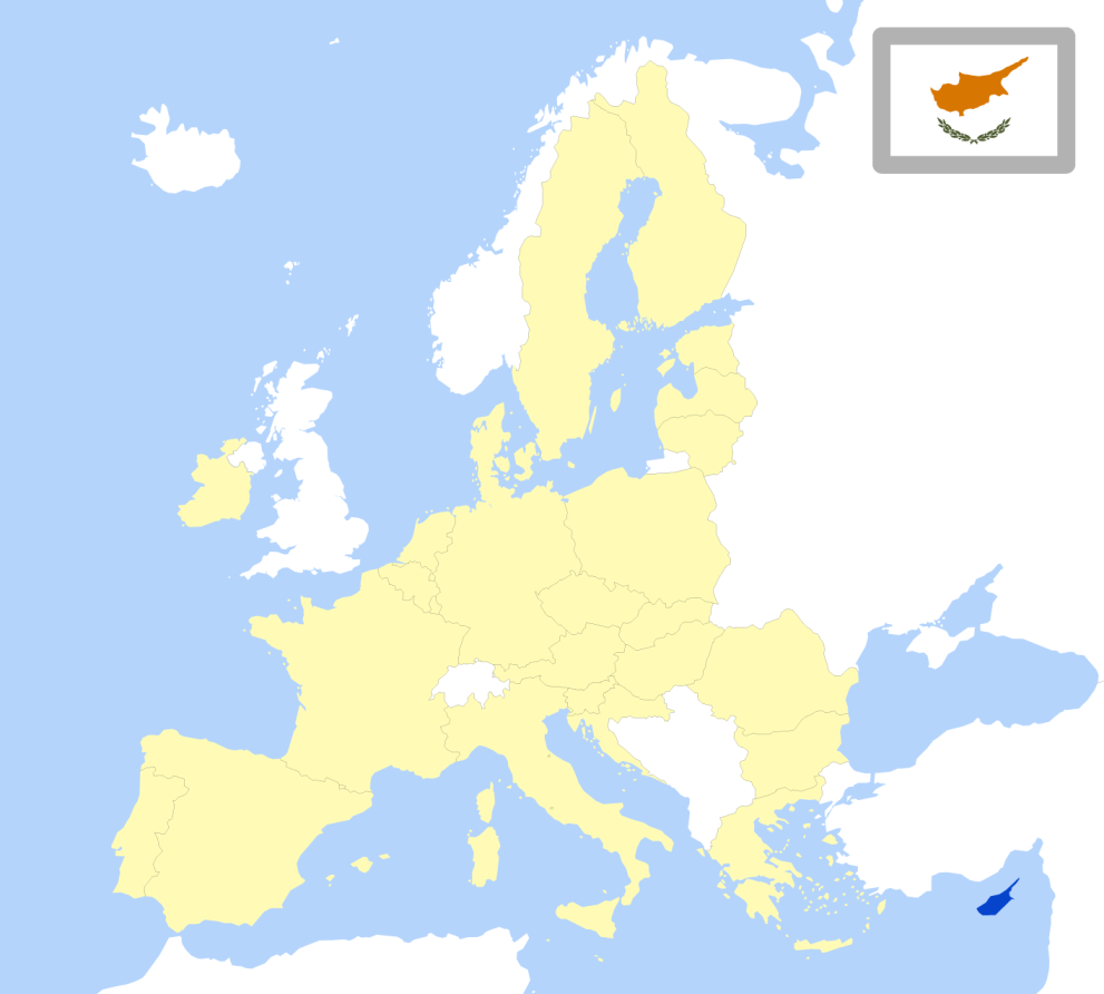 Map of Europe showing location of Cyprus and country flag