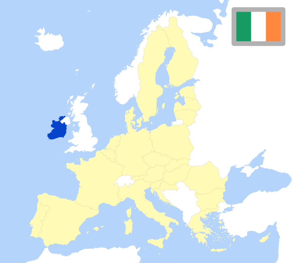 Map of Europe showing location of Ireland and country flag