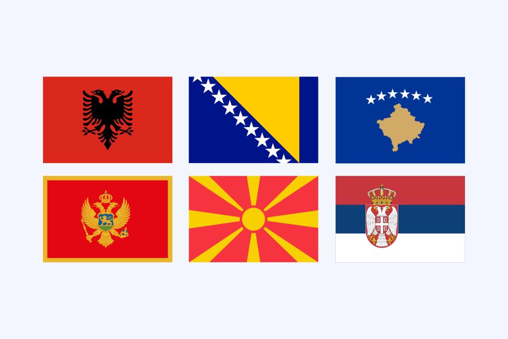 The flags of the six Western Balkans partners, arranged in two rows. In the top row from left to right: Albania, Bosnia and Herzegovina, and Albania. In the bottom row from left to right: Montenegro, North Macedonia, and Serbia.