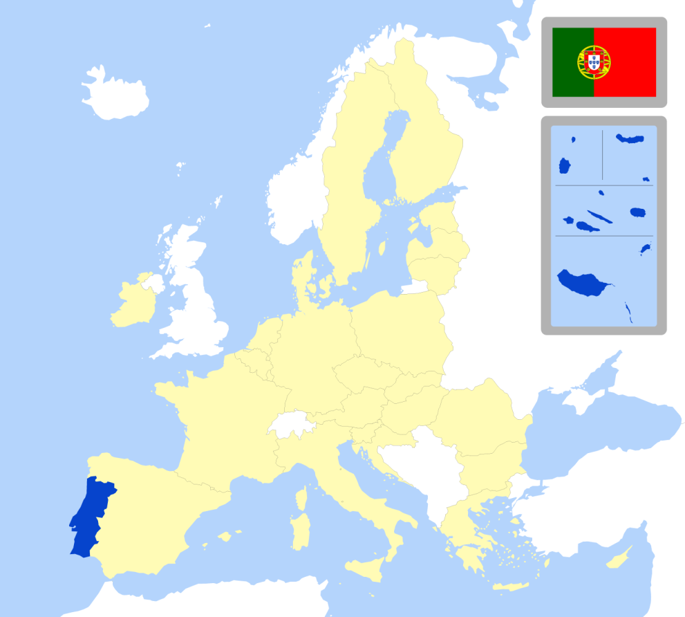 Map of Europe showing location of Portugal and country flag
