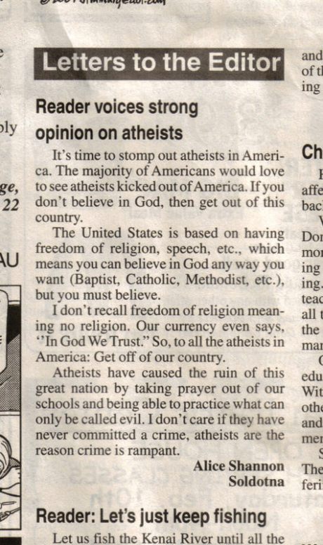 Reader Voices Strong Opinions on Atheists