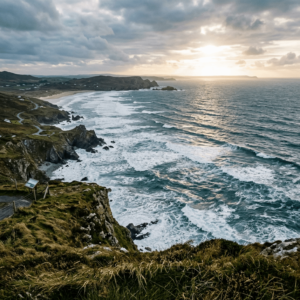 Rocky coastline with waves crashing and cloudy sunset sky