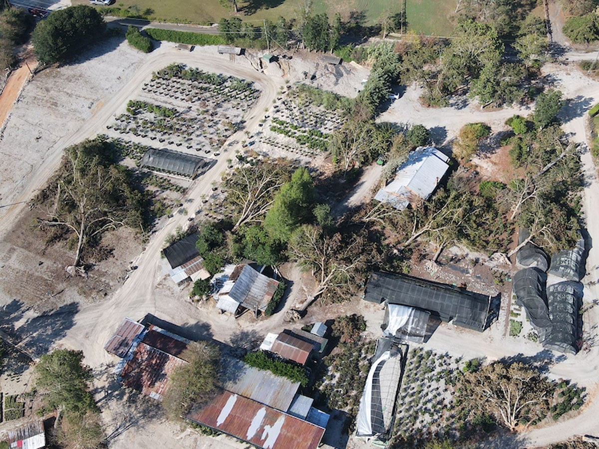 An aerial view of farm damage from Hurricane Helene