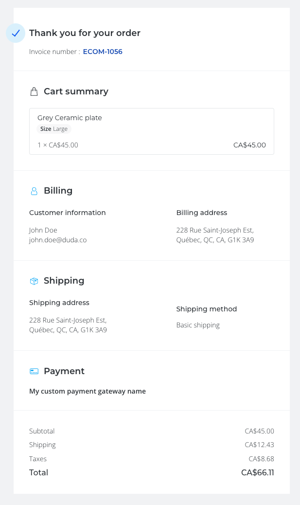 Order confirmation example