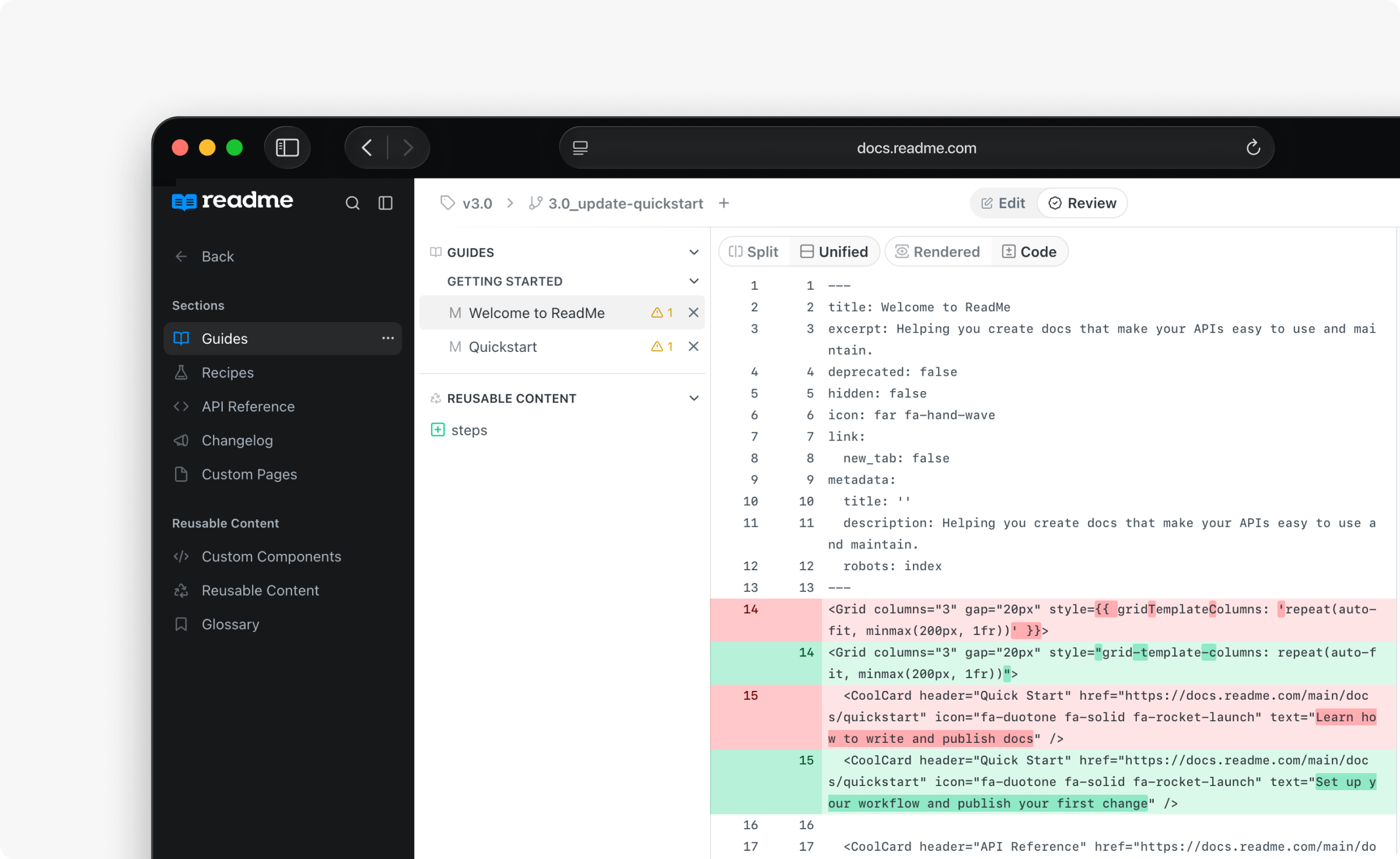 Review tab showing the diff between two pages line-by-line