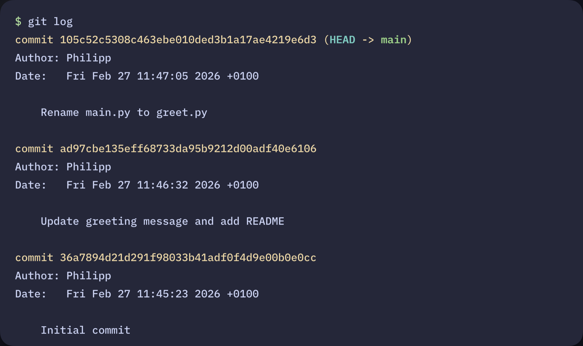 Terminal output showing git log with several commits in the repository history.