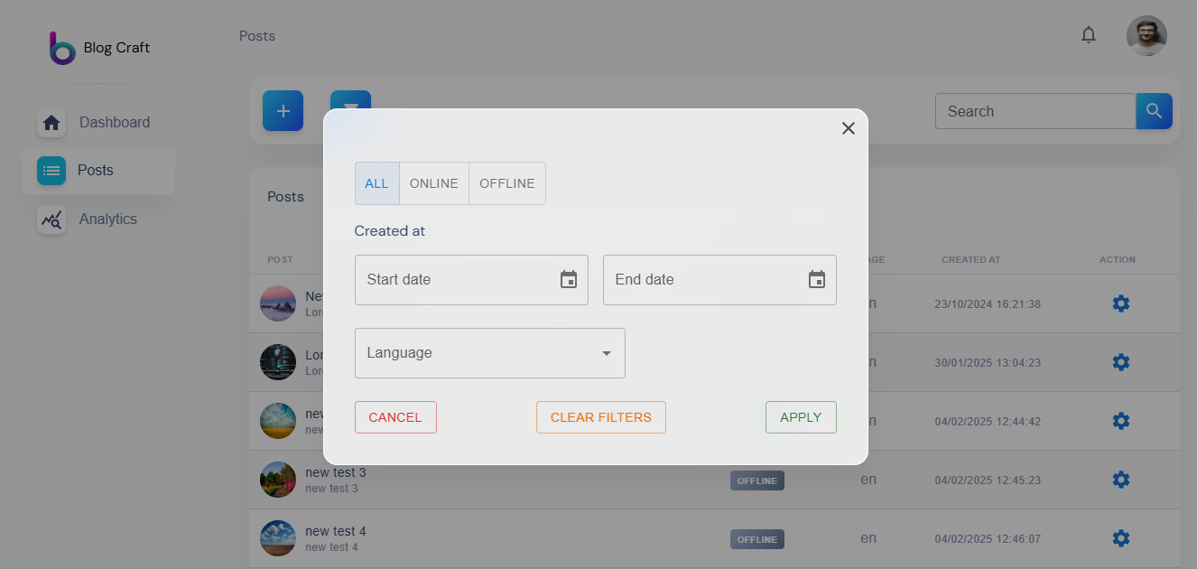 filters modal