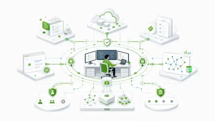 MCP server list for regulated enterprise developers showing governed connections to code, cloud, tickets, browser testing, observability, and Form.io schemas.