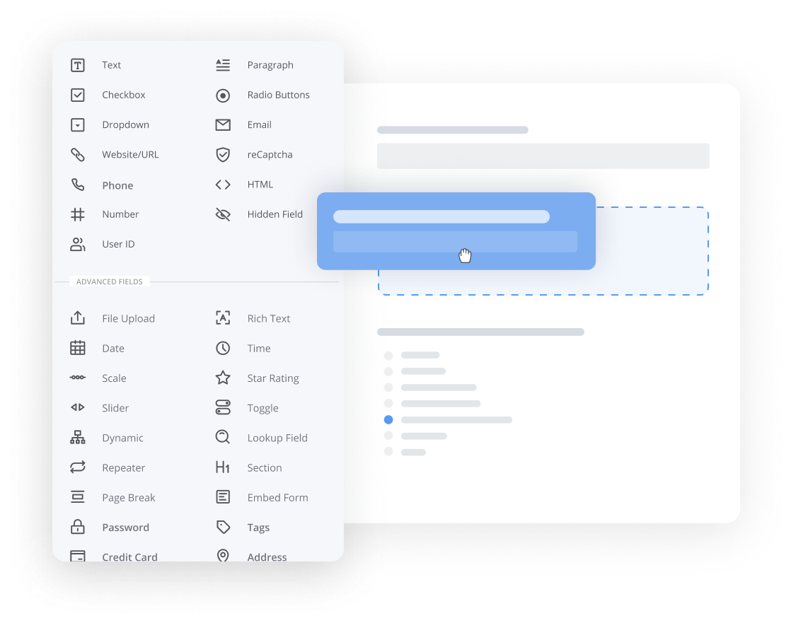 Stylized image depicting how easy it is to add fields with Formidable Forms' WordPress Form Builder.