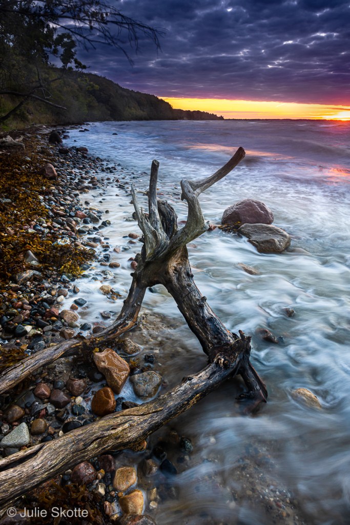 Sunrise at Tormaj strand, Haderslev, Denmark. An old piece of tree had fallen to the rocky beach.