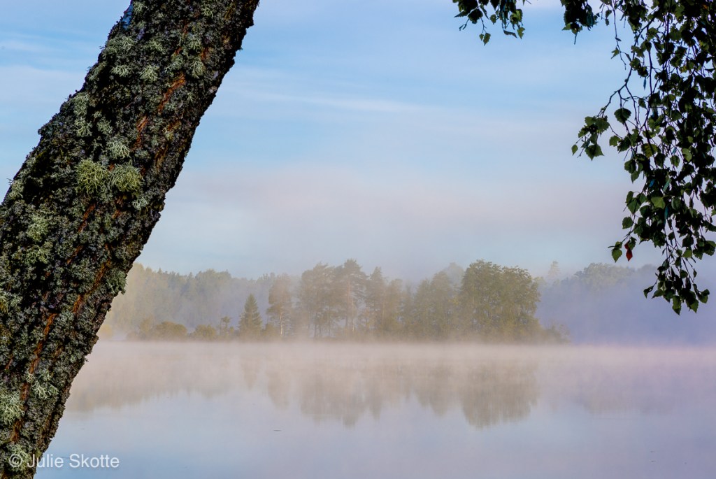 Morgendis over søen med de smø øer ved Örnafälla i Sverige.