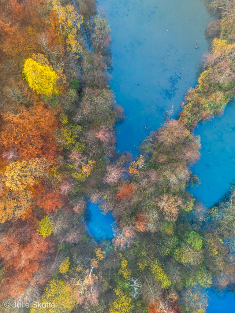 Drone foto over en efterårskov og blå skovsøer.