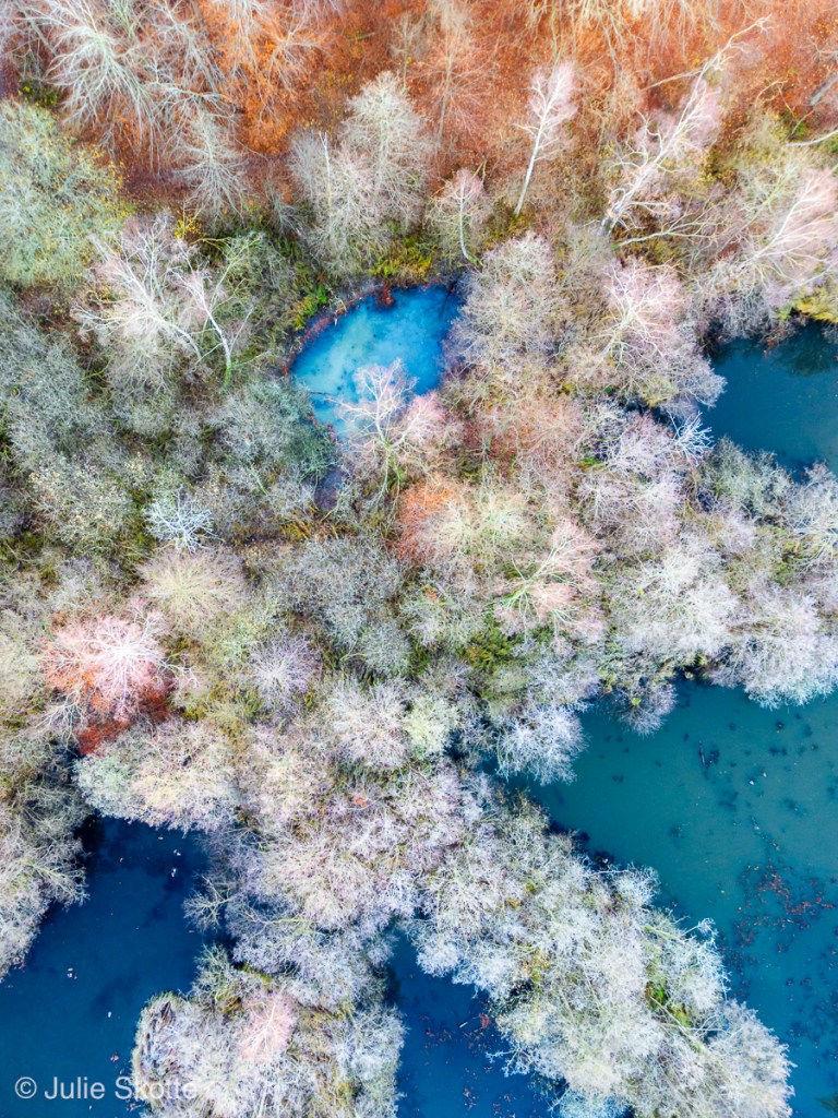 Drone foto over en efterårskov og blå skovsøer.