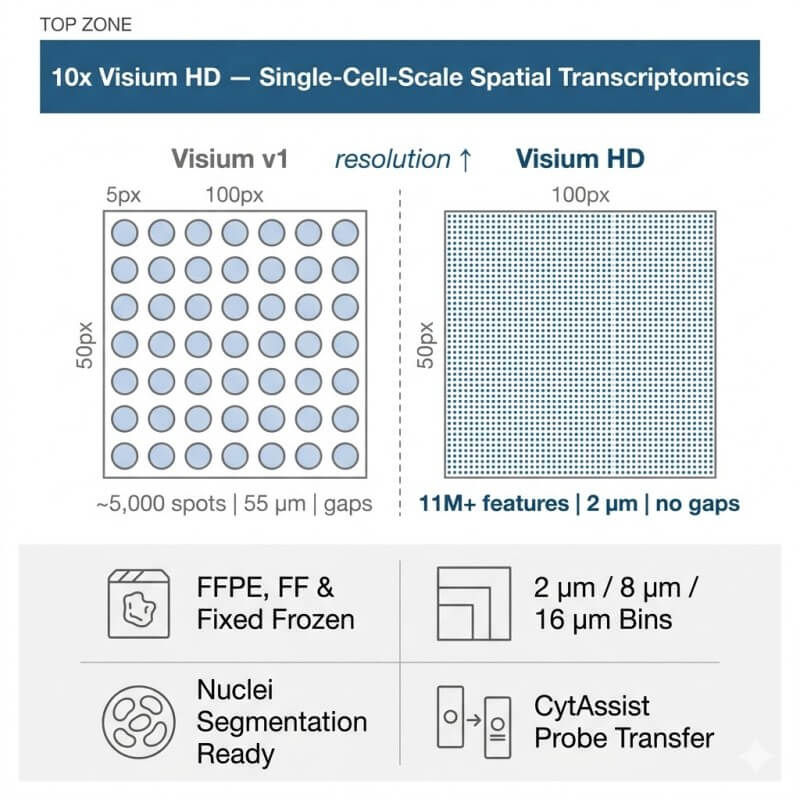 10x Visium HD spatial transcriptomics service overview — 11 million continuous 2µm features replace 5,000 gaps-between spots, enabling single-cell-scale whole-transcriptome spatial profiling of FFPE and fresh frozen tissue via CytAssist probe transfer