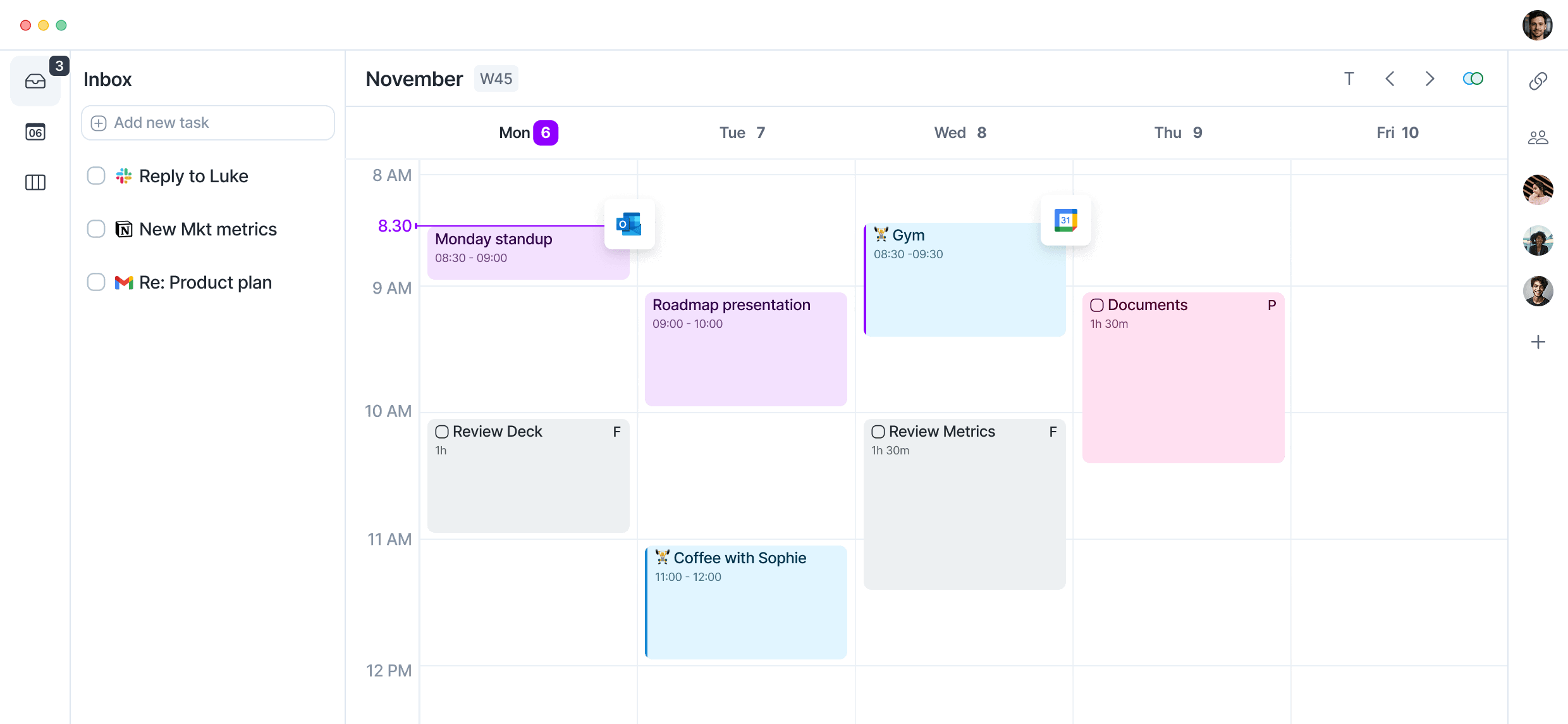 The Akiflow app integrating tasks from multiple tools into the Universal Inbox, displayed next to the One Calendar, that displays multiple calendars in one view