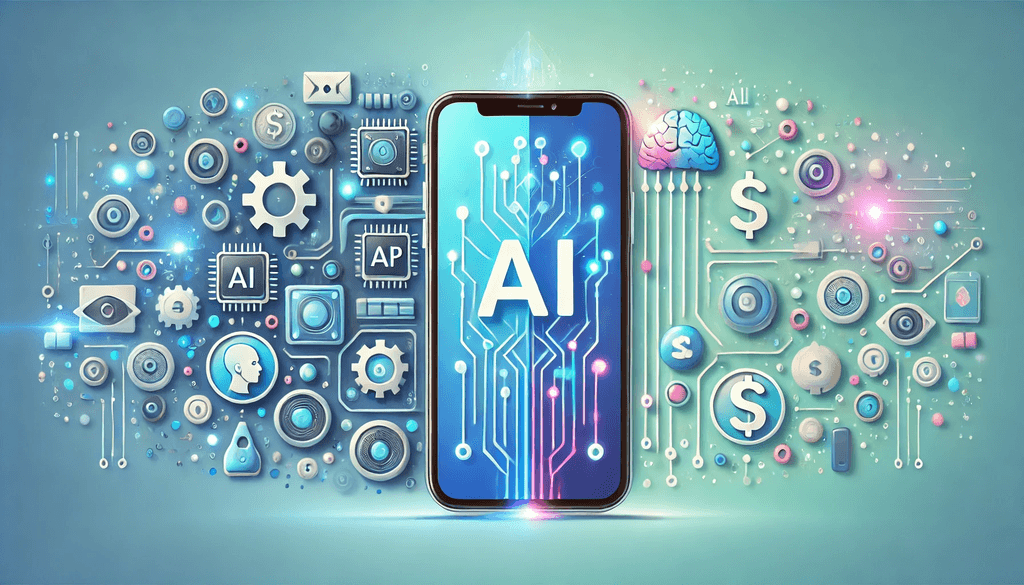 The image showcases a smartphone displaying the word "AI" on its screen, surrounded by various icons and symbols representing artificial intelligence and technology, such as a brain, gears, and dollar signs, against a blue gradient background.