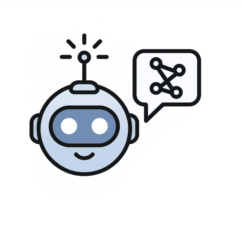 AI agent robot icon with speech bubble showing neural network.