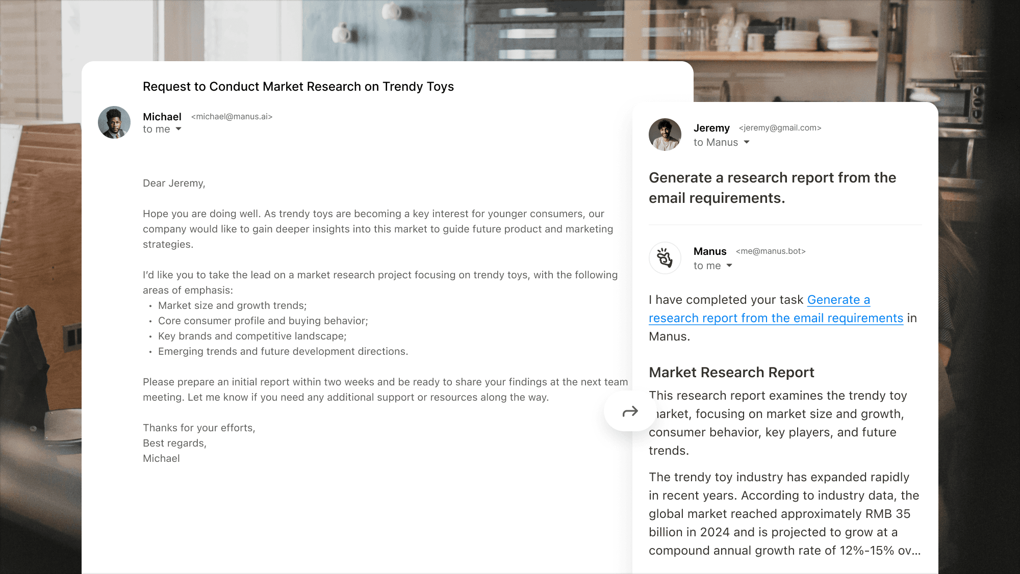 Interface showing Manus handling a complex market research request and producing a concise research report.