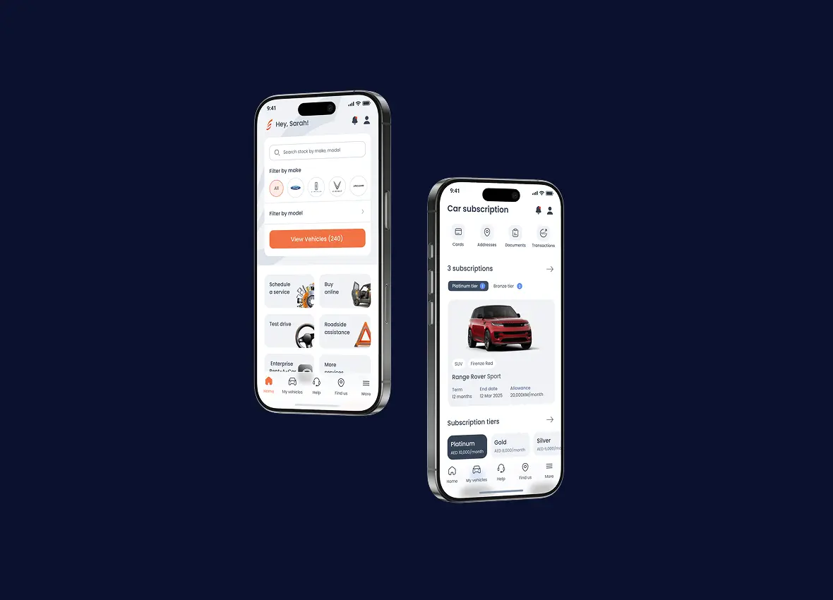 Al Tayer Motors mobile app UI for car booking and service management features