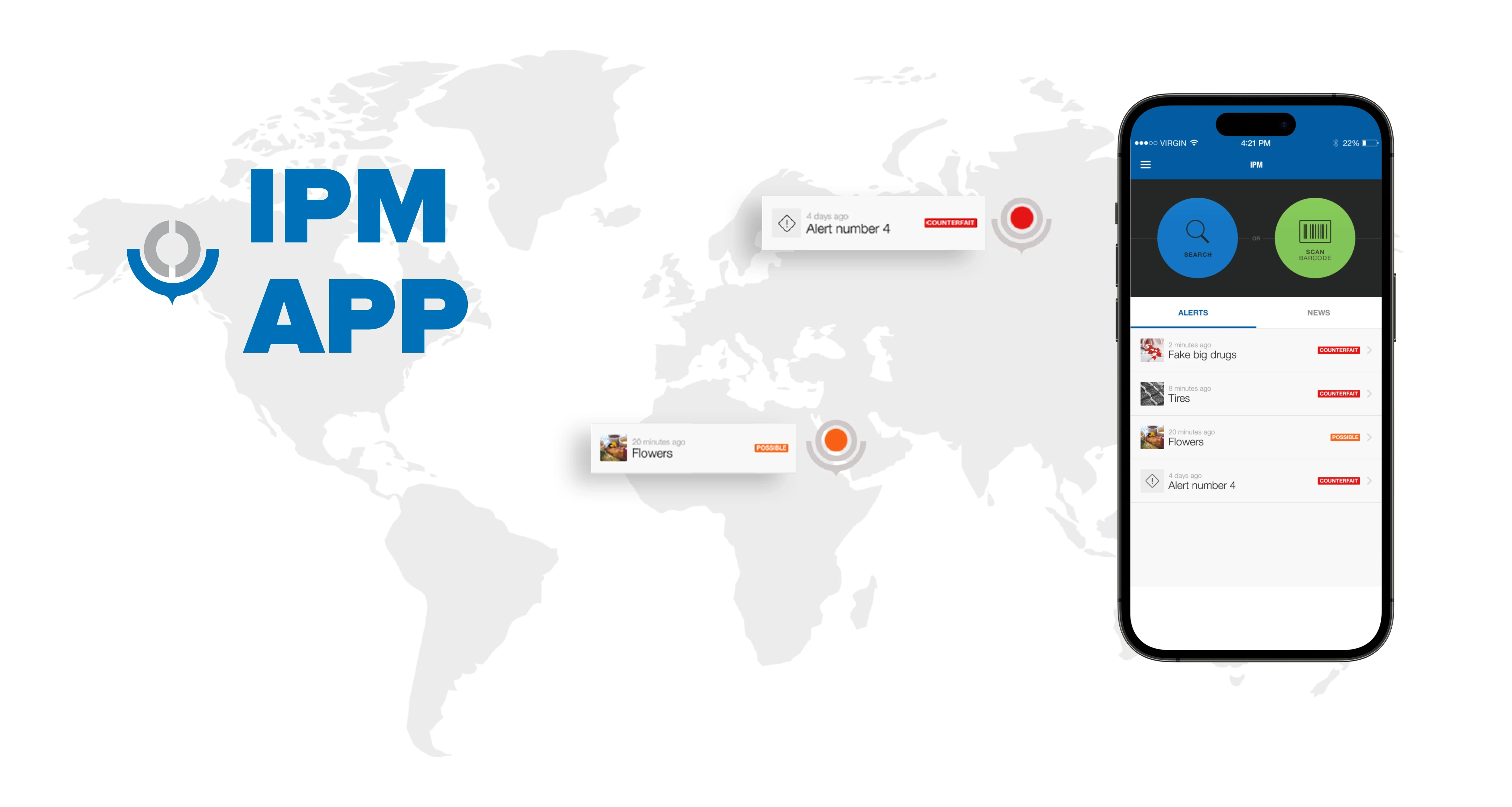 WCO IPM app interface showing global counterfeit detection alerts