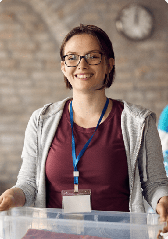 A nonprofit leader serves at a local event.
