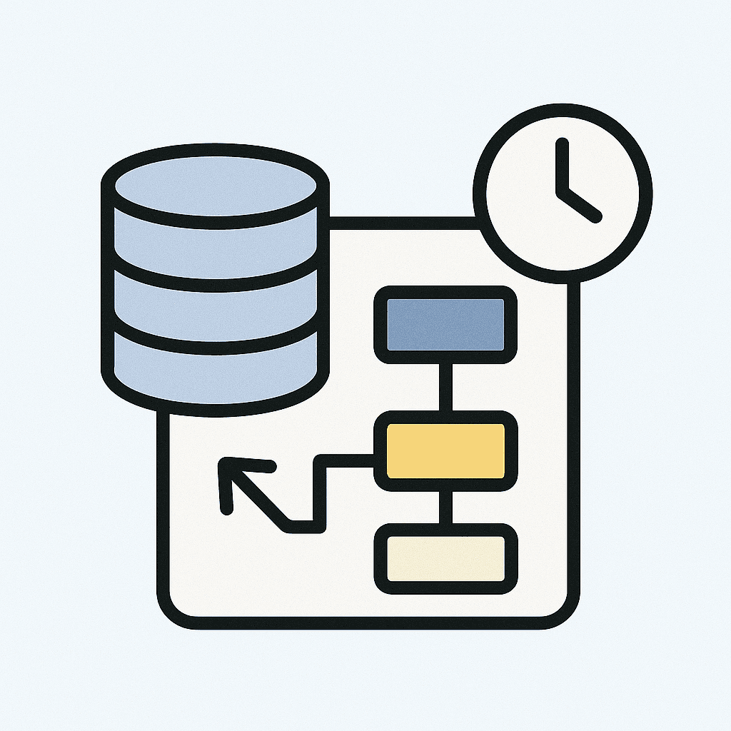 A database icon, flowchart, and clock, illustrating tracking schema changes and version history over time.