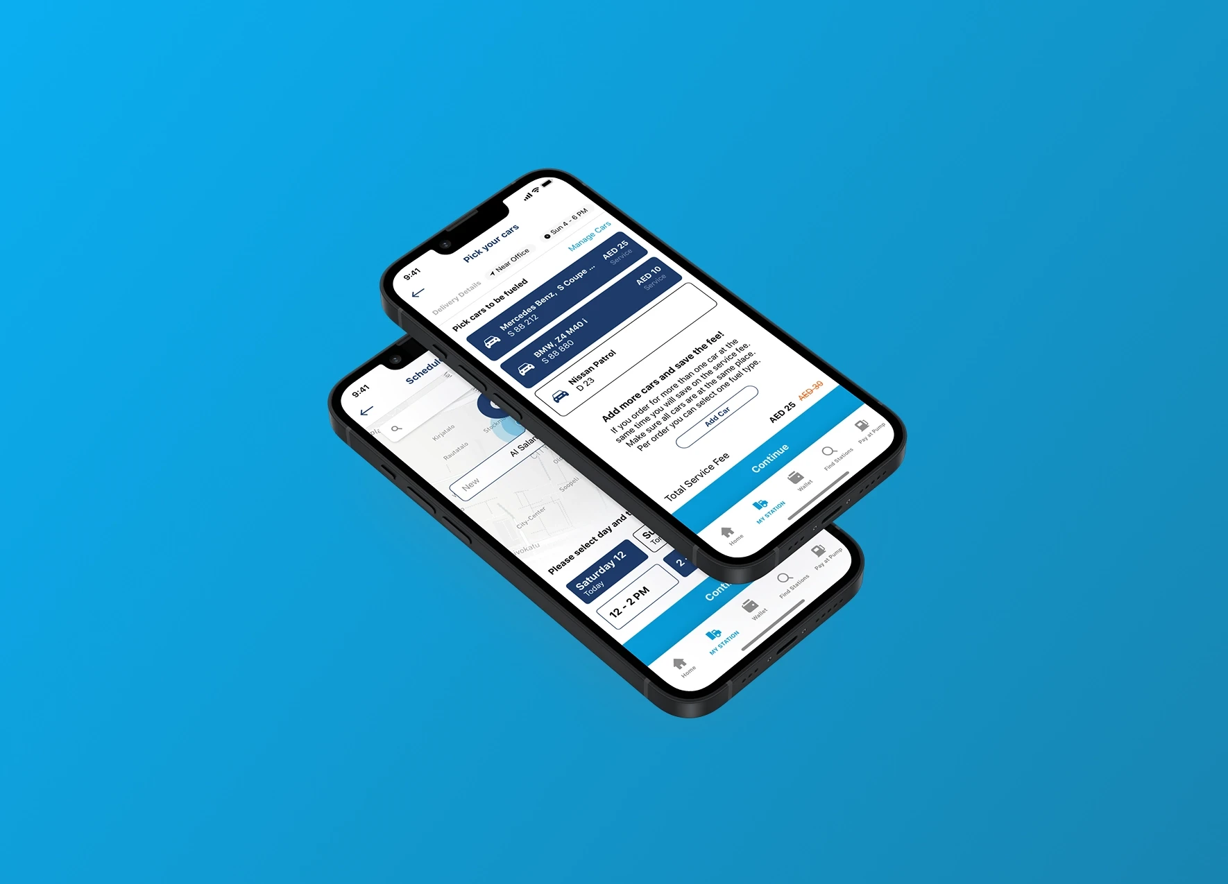 ADNOC mobile app interface displaying car booking, fuel management, and customer rewards features