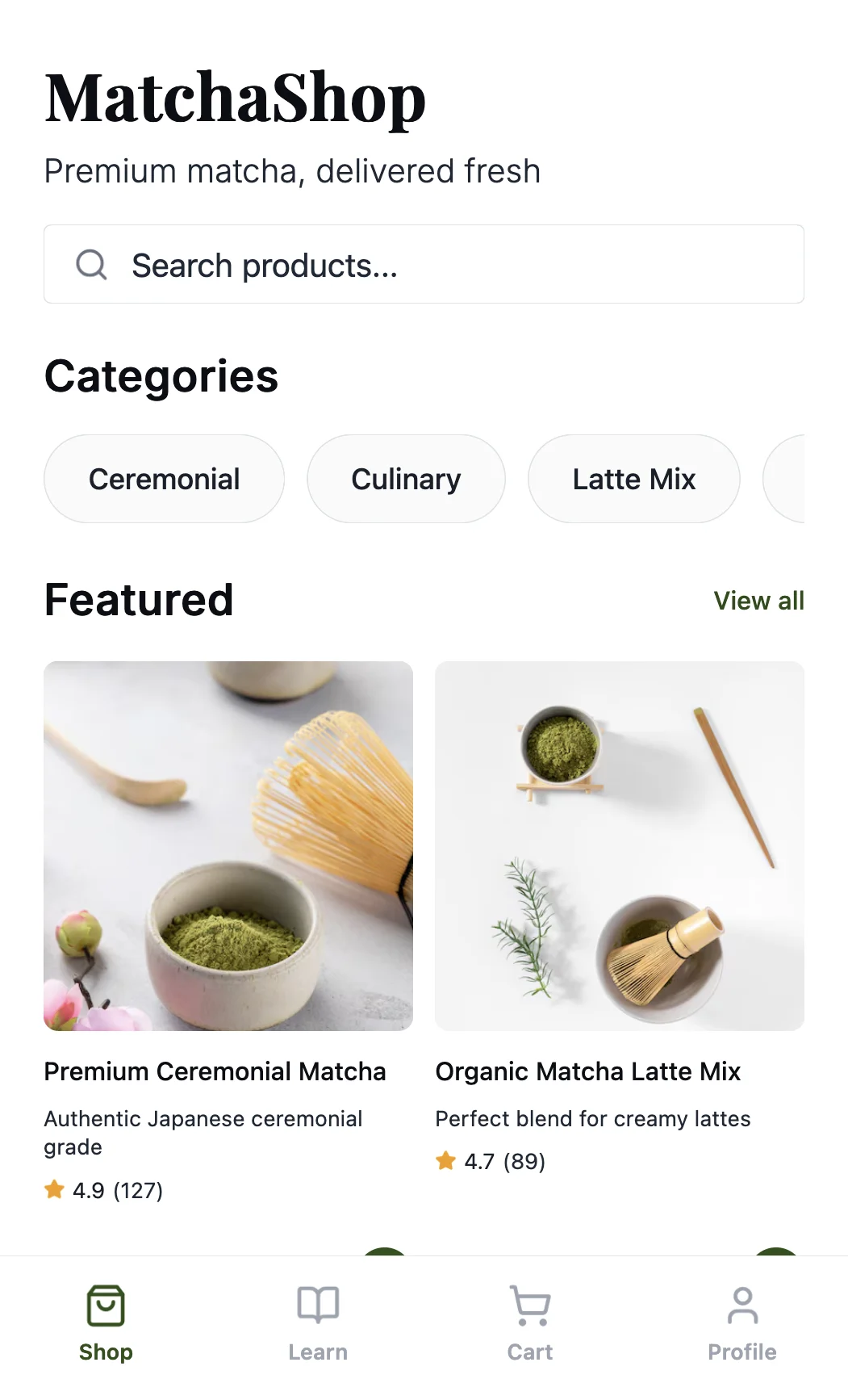A preview image of the "Matcha Shop" sample app that's built using CatDoes